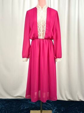 Vintage 70s Pink Prairie Dress Lace Chiffon Romantic Boho Midi